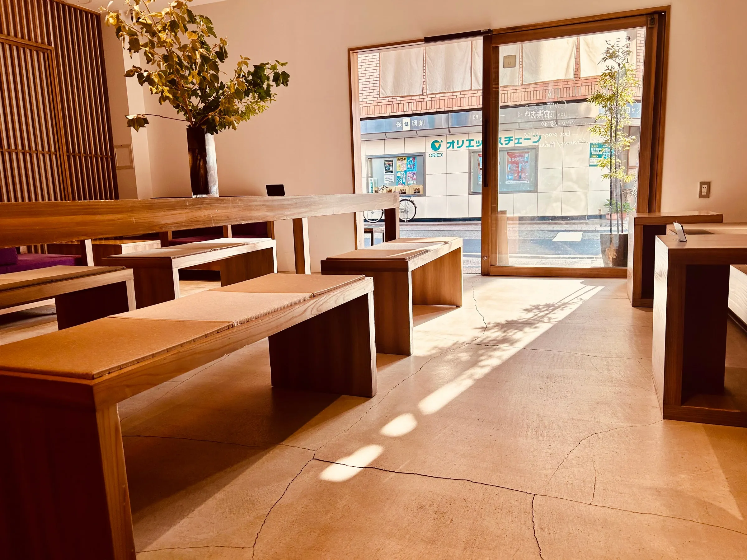 Empty wooden benches and tables in a quiet, minimalist coffee shop, warm afternoon sunlight streaming through a large window and pooling across the stone floor, with a leafy branch in a vase