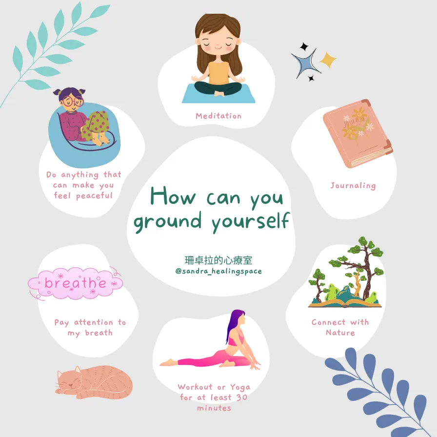 Infographic showing grounding techniques including meditation, journaling, nature walks, breathwork, yoga, and other calming activities