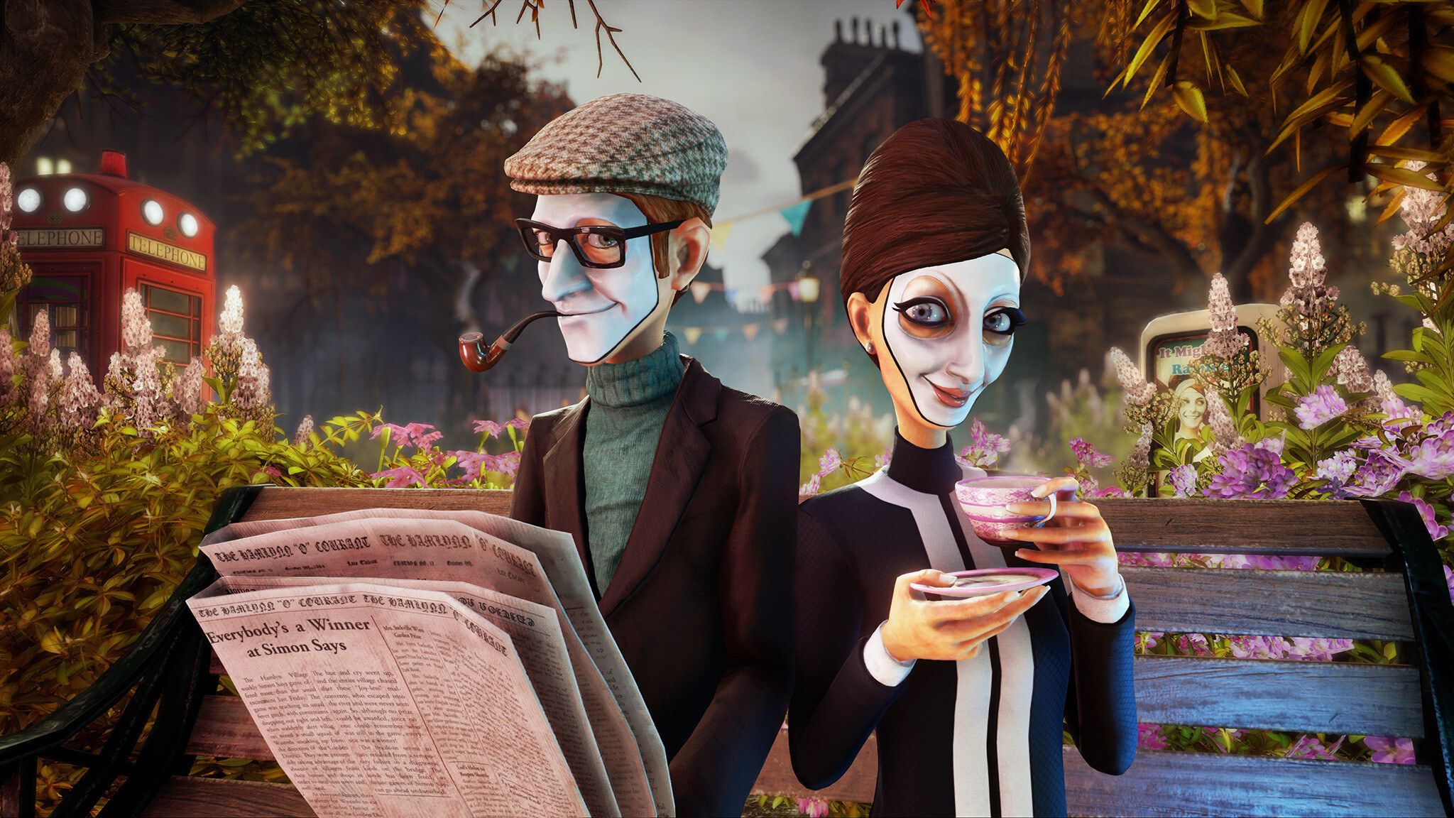 Two characters from the video game We Happy Few sitting on a park bench wearing painted smiling masks